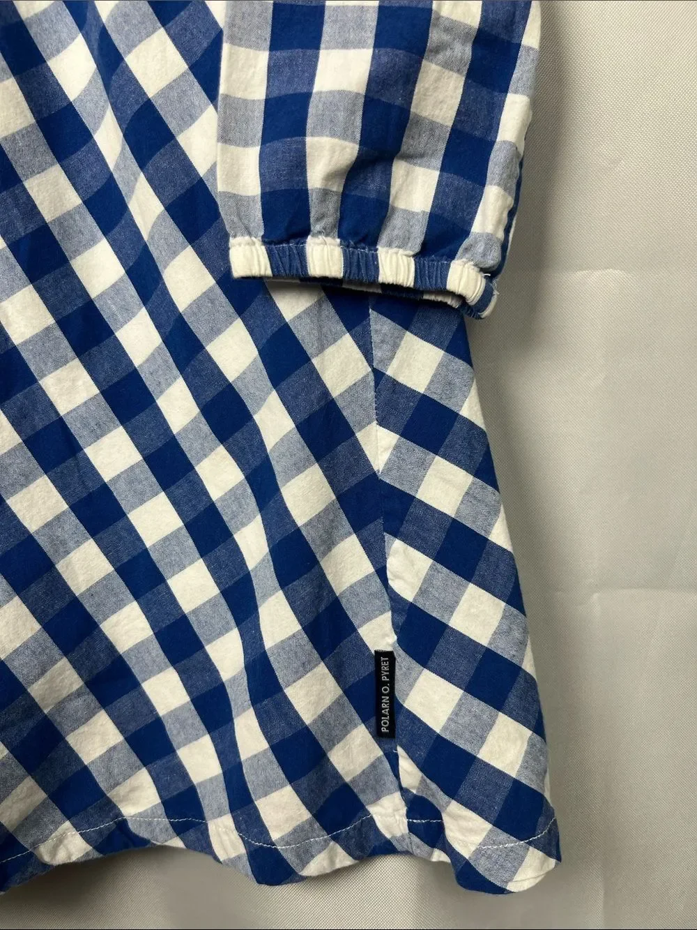Polarn O. Pyret blue and white check long sleeve cotton dress cross stitching